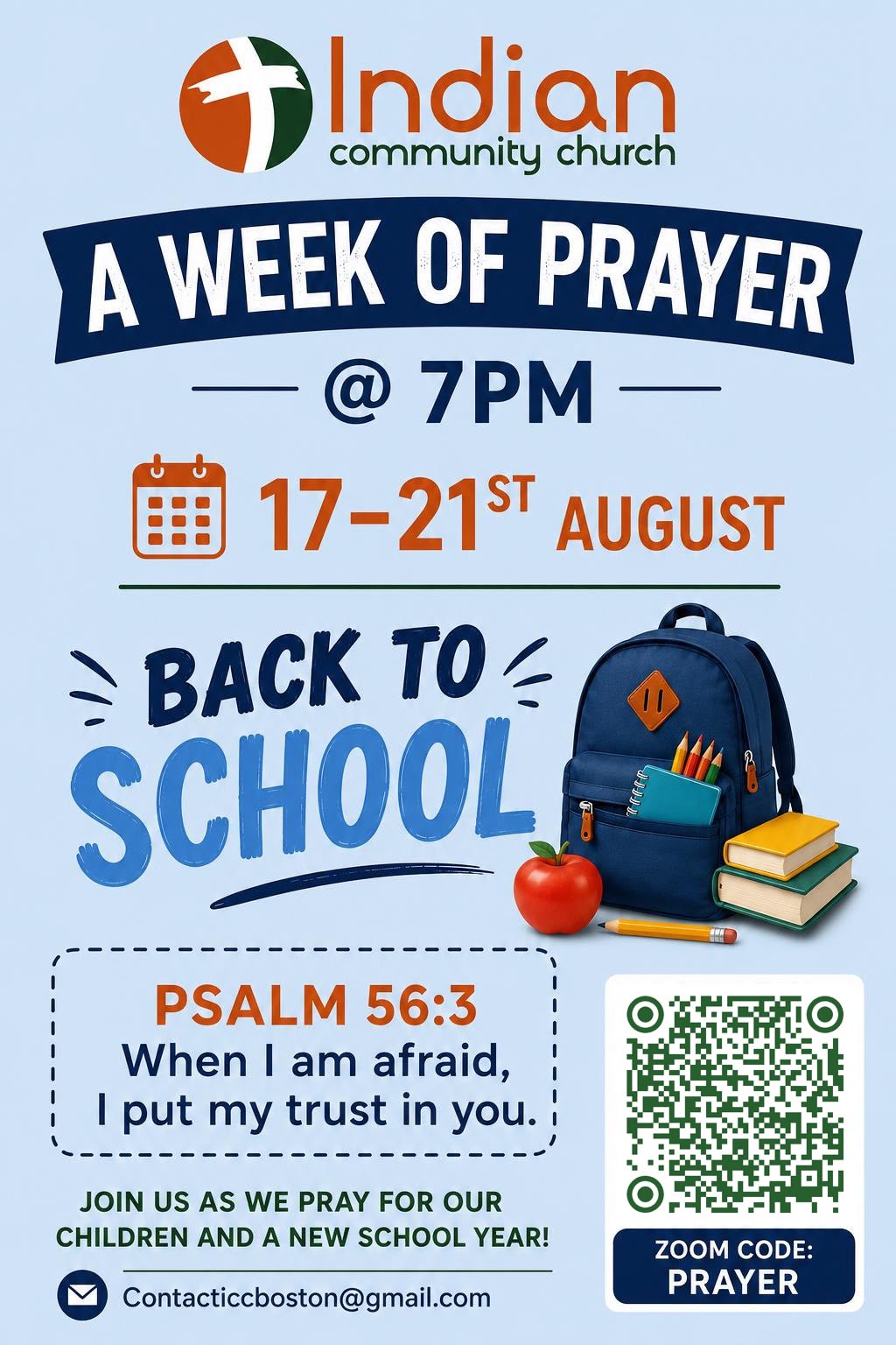 A Week of Prayer – Back to School, August 17–21 at 7 PM, Zoom Code PRAYER